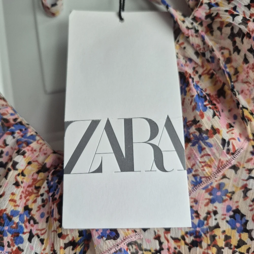 Small Zara Ruffled Floral Print Midi Dress Pink Flowy Boho - Picture 5 of 8